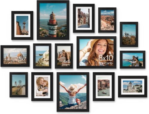Vittanly 15 Pack Picture Frames Collage Wall Decor for Mounting or Tabletop Display, Gallery Frame Set for Family